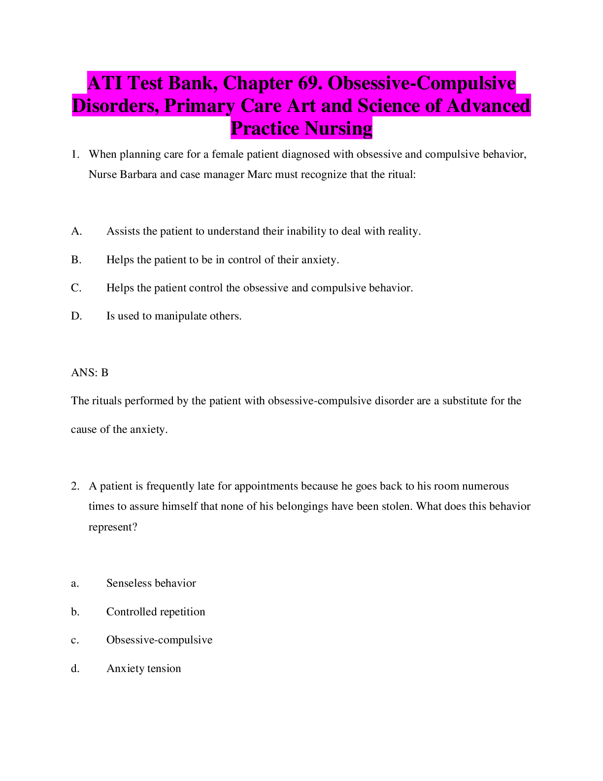 Preview image for ATI Test Bank, Chapter 69. Obsessive-Compulsive Disorders, Primary Care Art and Science of Advanced Practice Nursing